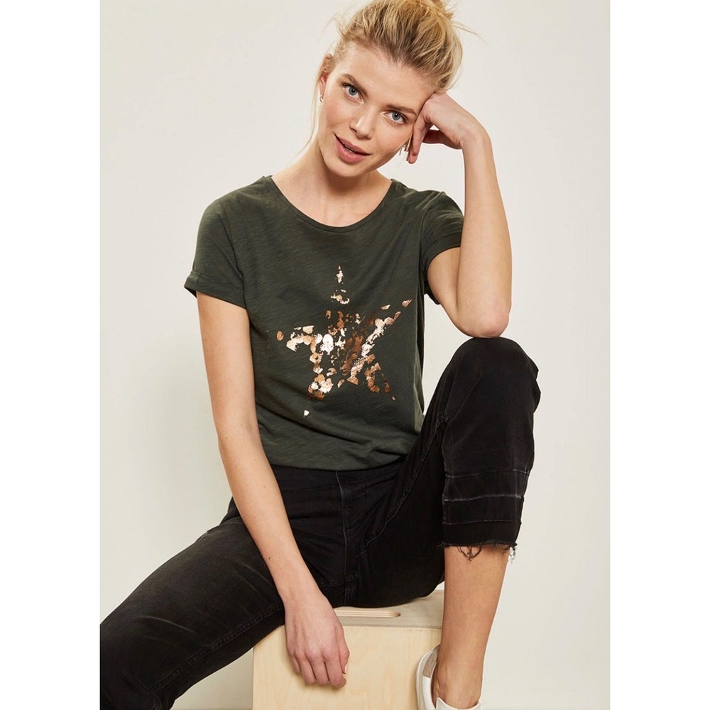 Mint‎ Velvet Gold Foil Star Tee Shirt Size Small Olive Green Boho Casual
